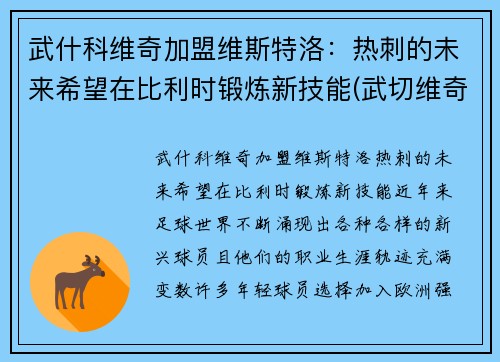 武什科维奇加盟维斯特洛：热刺的未来希望在比利时锻炼新技能(武切维奇合同)