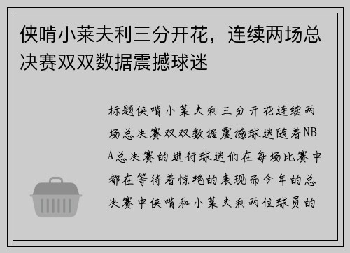 侠啃小莱夫利三分开花，连续两场总决赛双双数据震撼球迷