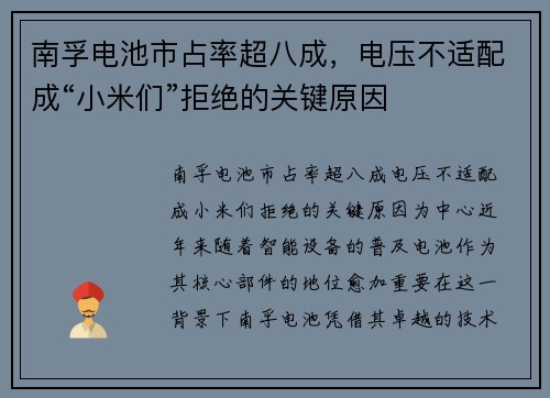 南孚电池市占率超八成，电压不适配成“小米们”拒绝的关键原因