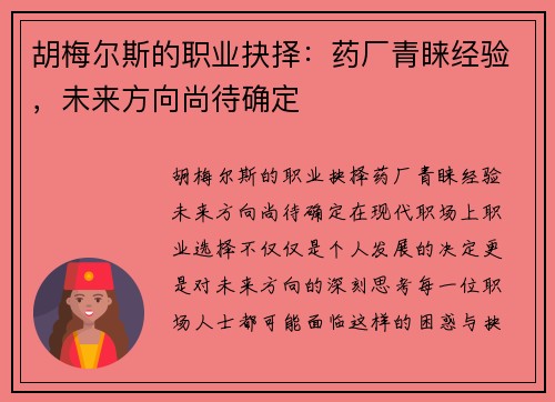 胡梅尔斯的职业抉择：药厂青睐经验，未来方向尚待确定