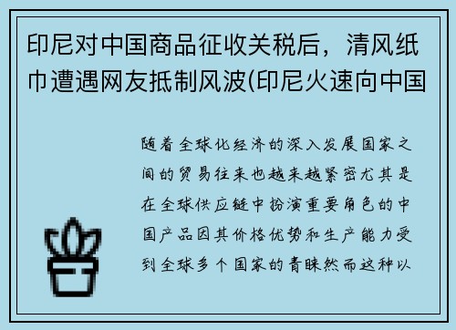 印尼对中国商品征收关税后，清风纸巾遭遇网友抵制风波(印尼火速向中国澄清)