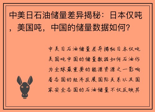 中美日石油储量差异揭秘：日本仅吨，美国吨，中国的储量数据如何？