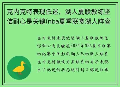 克内克特表现低迷，湖人夏联教练坚信耐心是关键(nba夏季联赛湖人阵容)